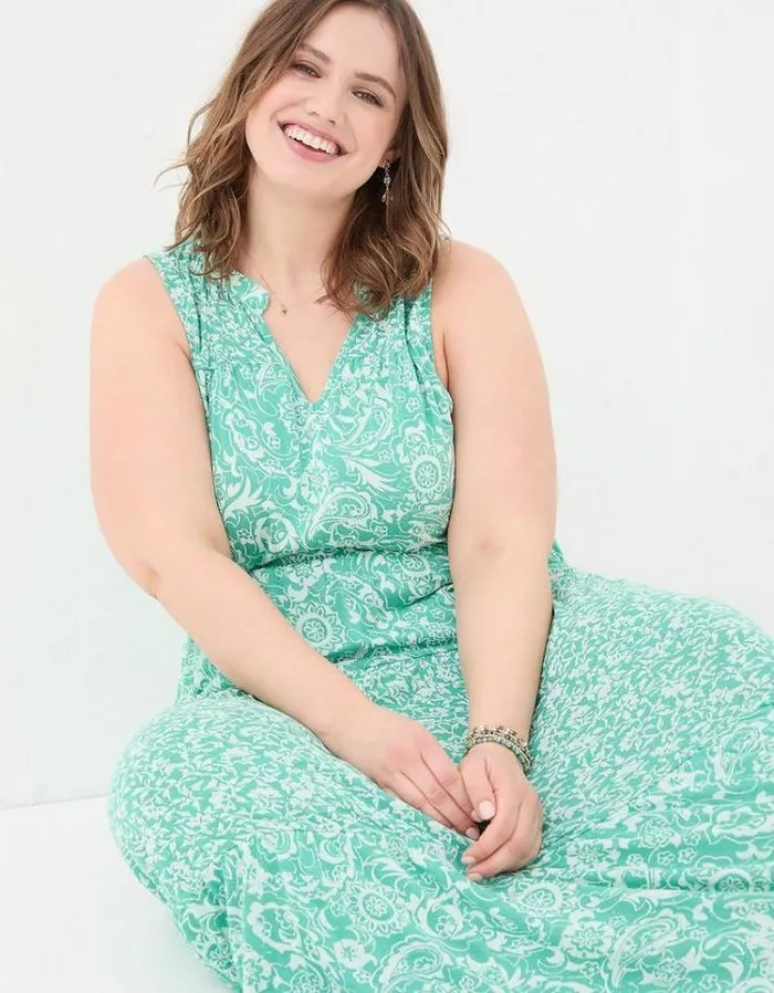 Women FatFace Vacation Shop Maya Paisley Jersey Maxi Dress Teal Blue
