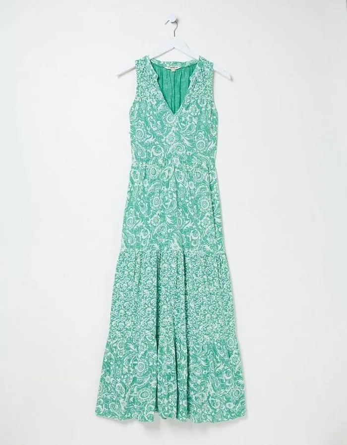 Women FatFace Vacation Shop Maya Paisley Jersey Maxi Dress Teal Blue