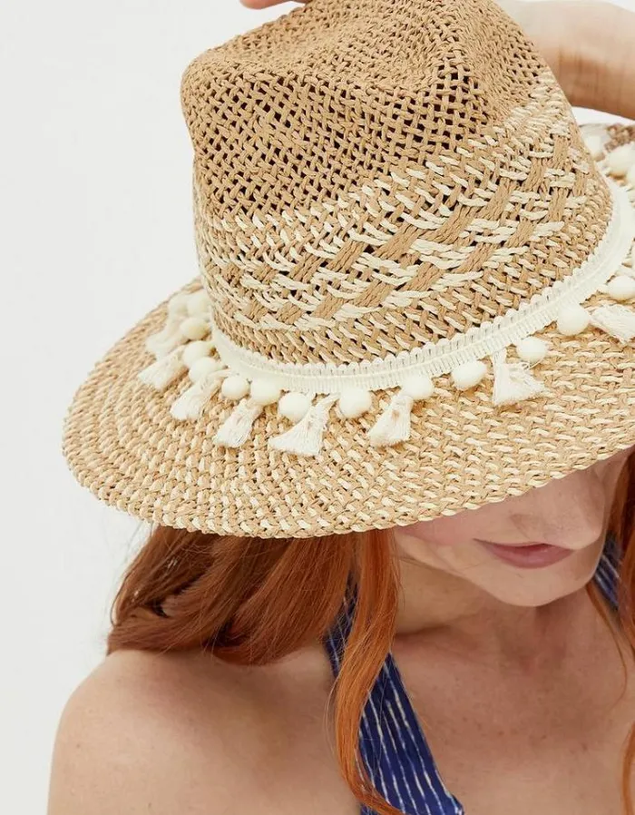Women FatFace Vacation Shop Pom Pom Fedora Hat Natural
