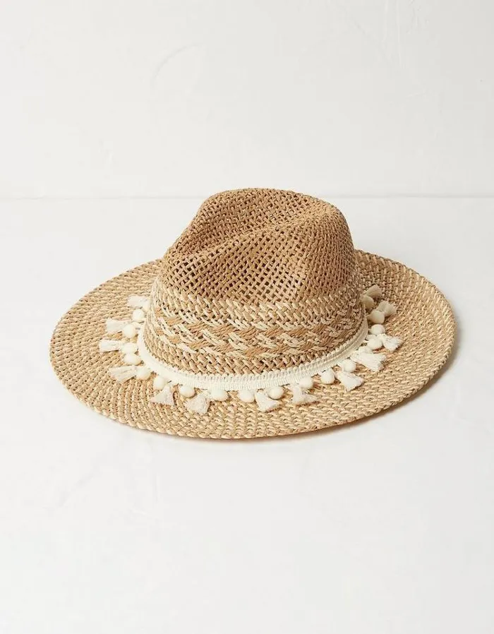 Women FatFace Vacation Shop Pom Pom Fedora Hat Natural