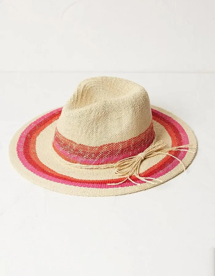 Women FatFace Vacation Shop Stripe Straw Fedora Hat Natural