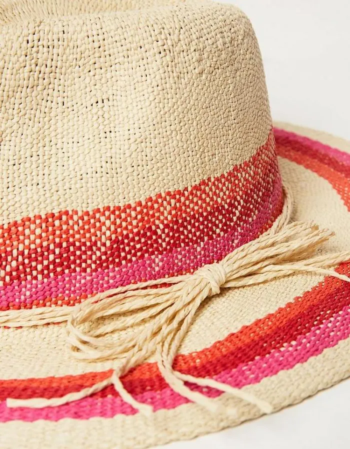 Women FatFace Vacation Shop Stripe Straw Fedora Hat Natural