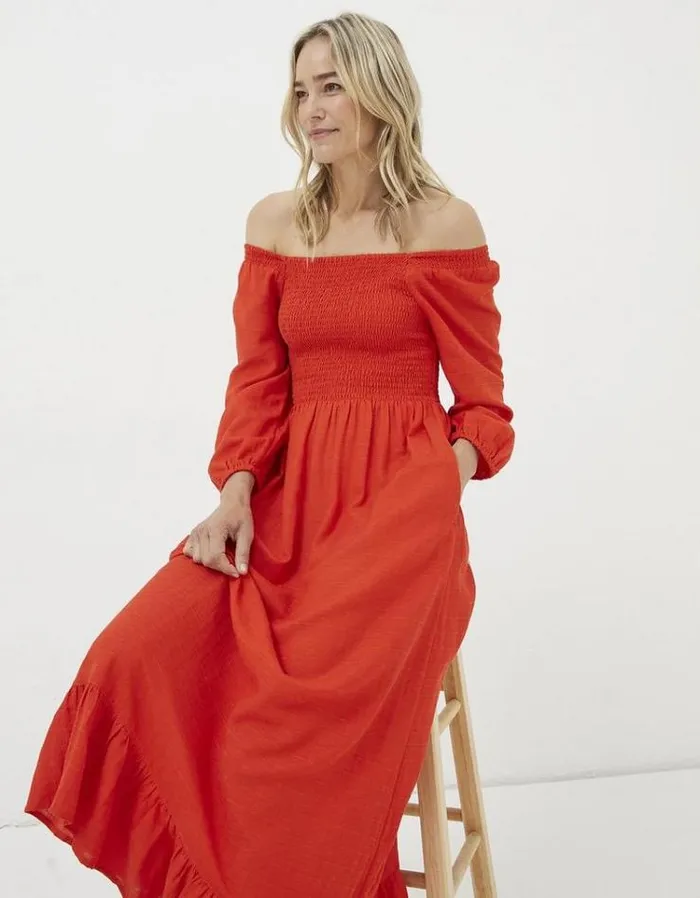 Women FatFace Women039s Sale Adele Shirred Midi Dress Bright Red