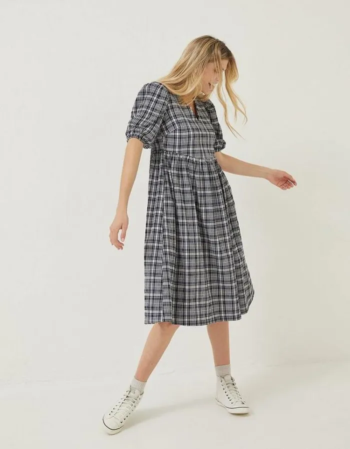 Women FatFace Women039s Sale Hannah Puff Sleeve Check Midi Dress Navy