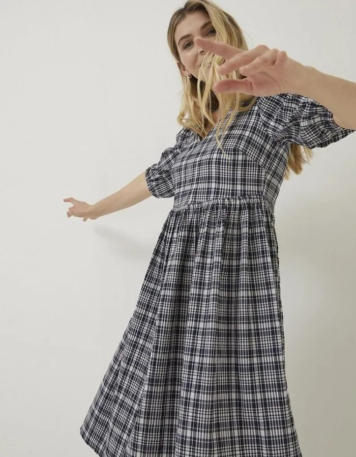 Women FatFace Women039s Sale Hannah Puff Sleeve Check Midi Dress Navy