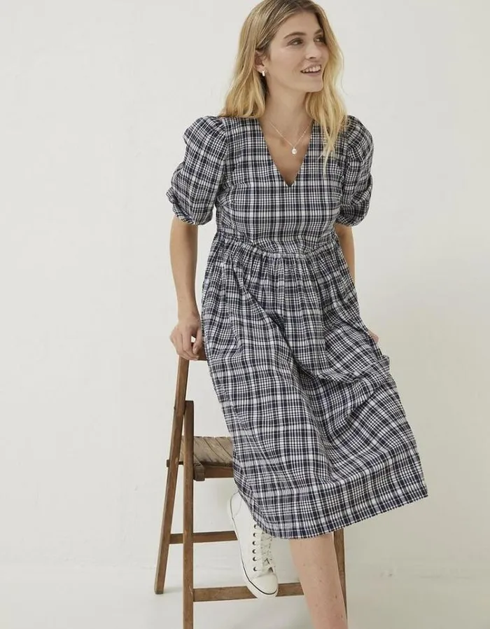 Women FatFace Women039s Sale Hannah Puff Sleeve Check Midi Dress Navy