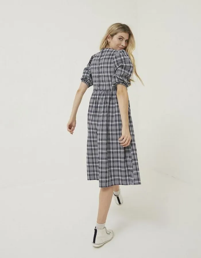 Women FatFace Women039s Sale Hannah Puff Sleeve Check Midi Dress Navy