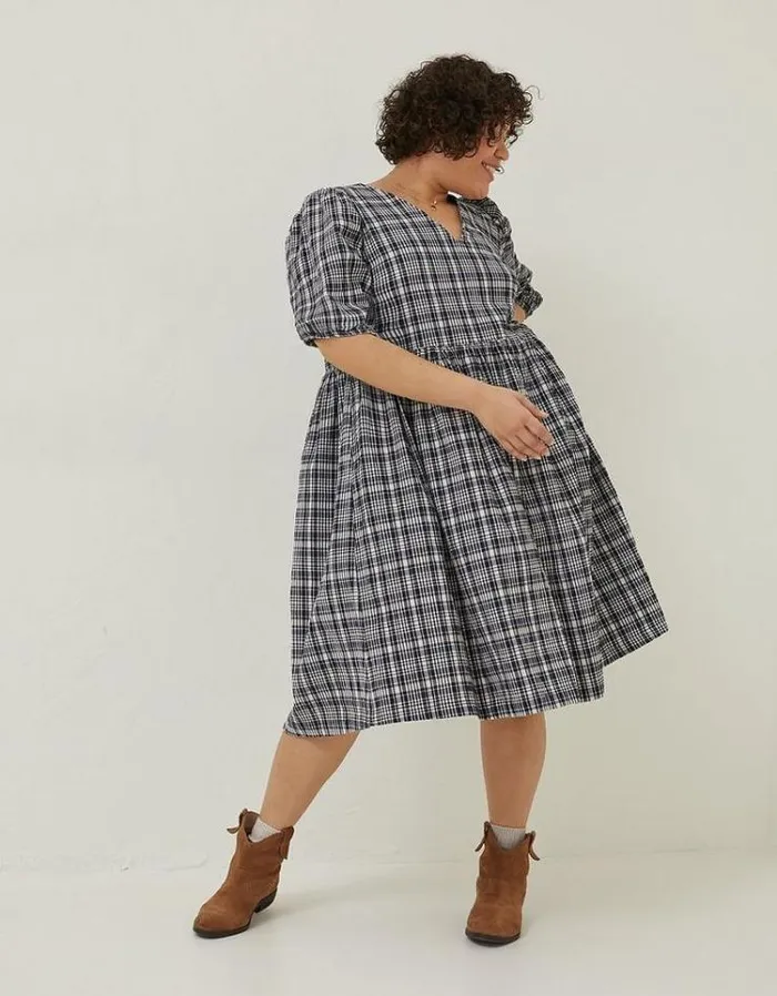 Women FatFace Women039s Sale Hannah Puff Sleeve Check Midi Dress Navy