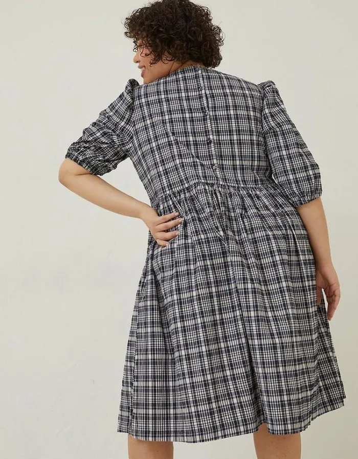Women FatFace Women039s Sale Hannah Puff Sleeve Check Midi Dress Navy