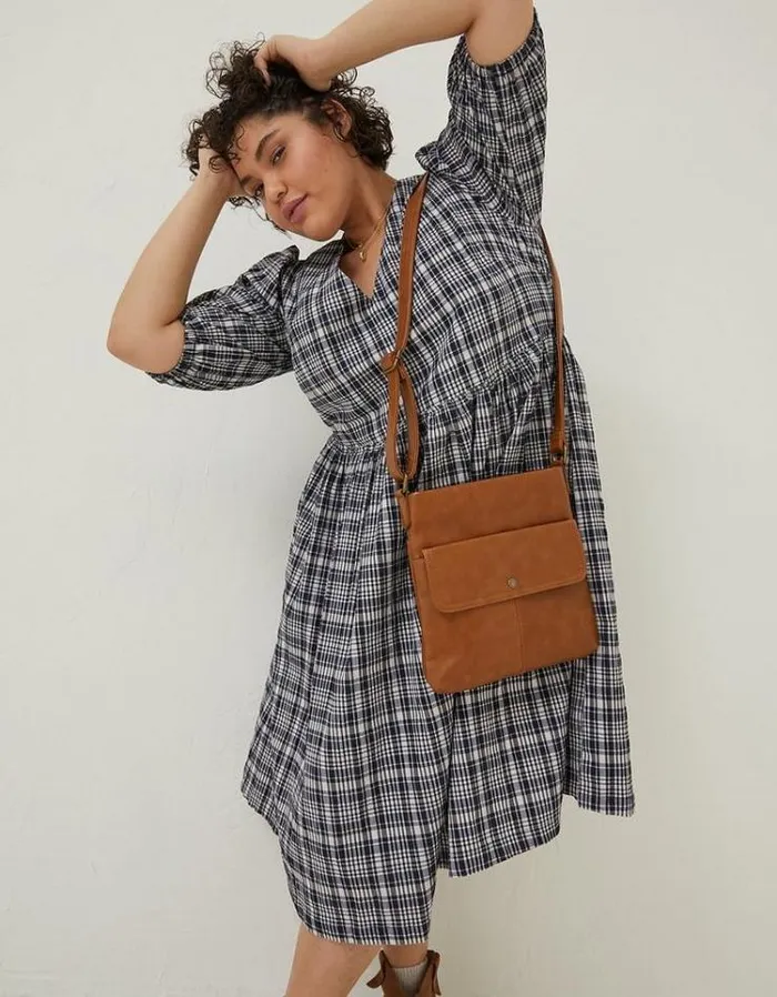 Women FatFace Women039s Sale Hannah Puff Sleeve Check Midi Dress Navy