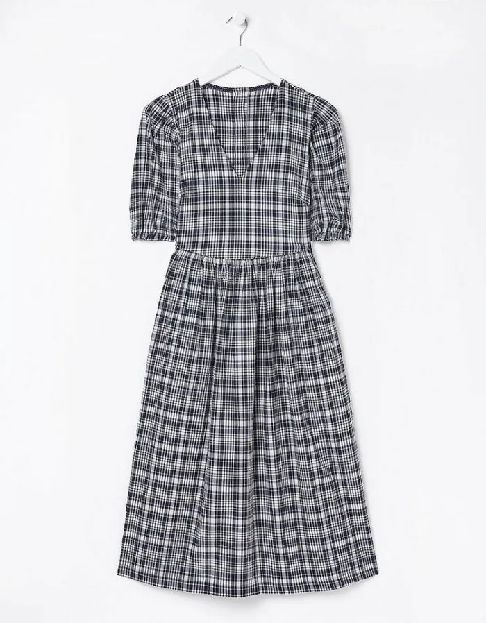 Women FatFace Women039s Sale Hannah Puff Sleeve Check Midi Dress Navy