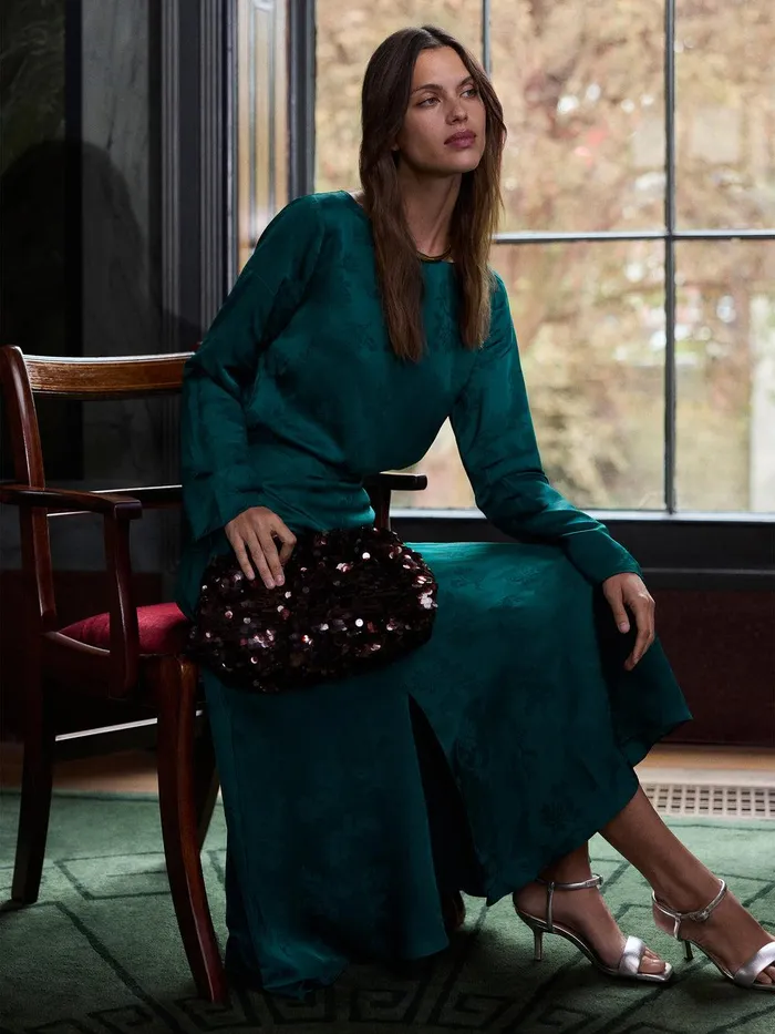 Women Floral Jacquard Boat Neck Top Green Jigsaw Shirts and Tops
