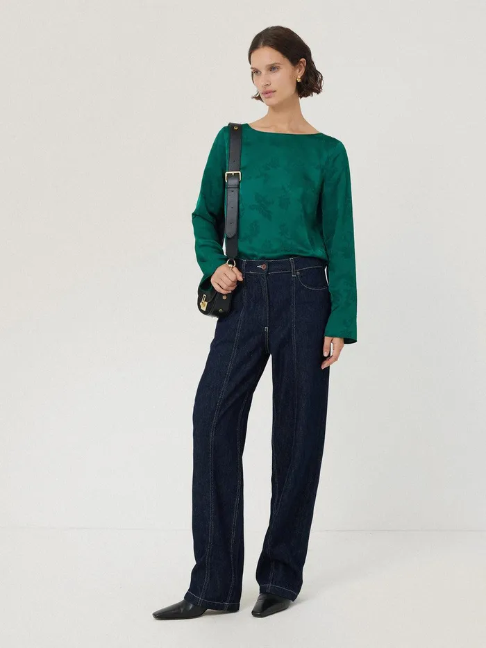 Women Floral Jacquard Boat Neck Top Green Jigsaw Shirts and Tops