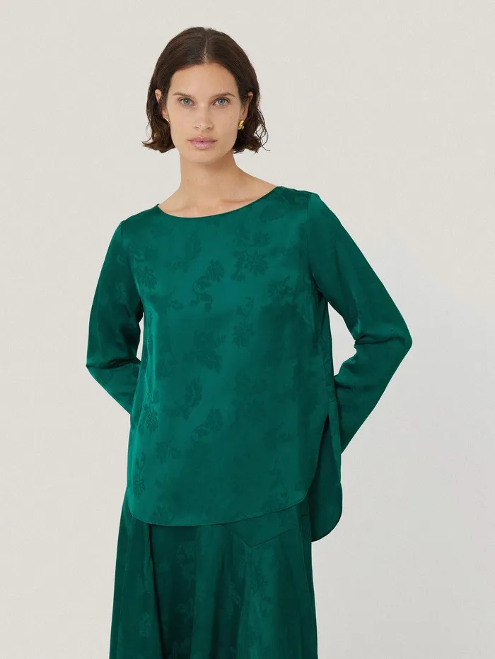 Women Floral Jacquard Boat Neck Top Green Jigsaw Shirts and Tops