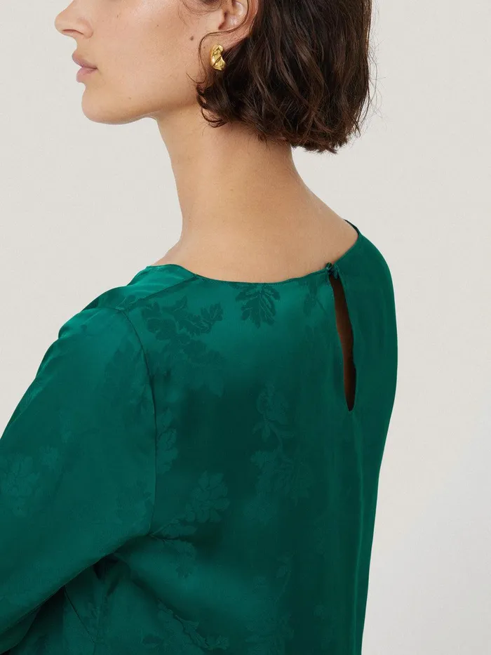 Women Floral Jacquard Boat Neck Top Green Jigsaw Shirts and Tops