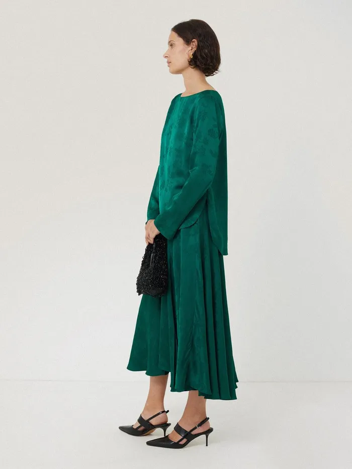 Women Floral Jacquard Boat Neck Top Green Jigsaw Shirts and Tops