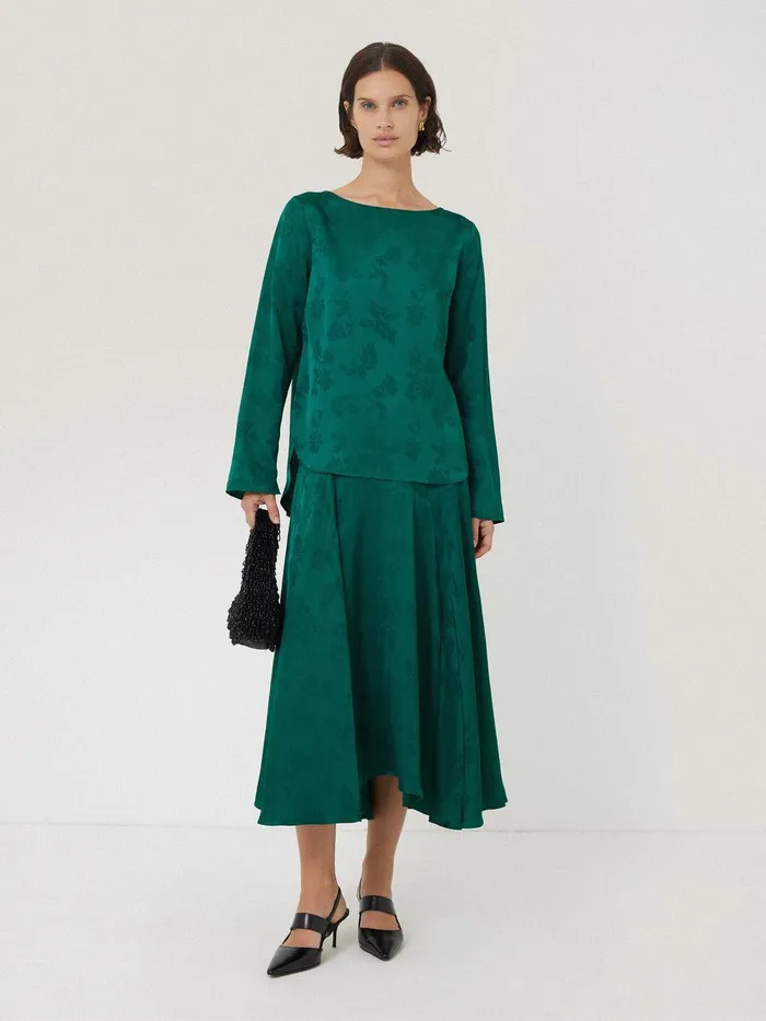 Women Floral Jacquard Boat Neck Top Green Jigsaw Shirts and Tops