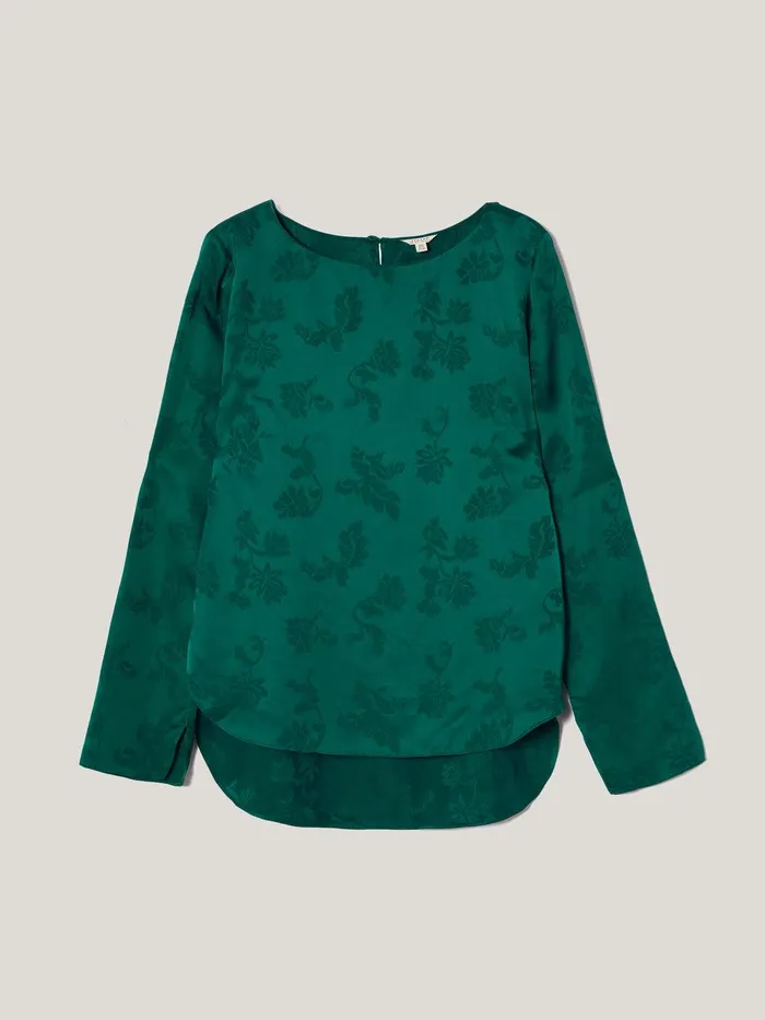 Women Floral Jacquard Boat Neck Top Green Jigsaw Shirts and Tops