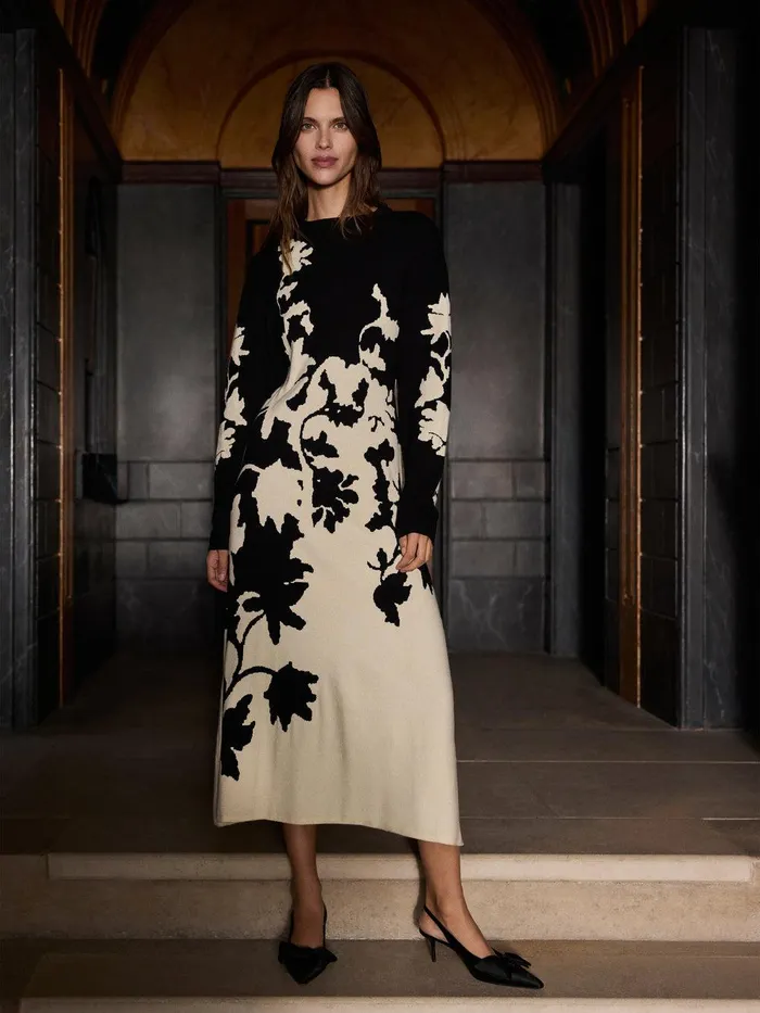 Women Floral Jacquard Knitted Dress Monochrome Jigsaw Party