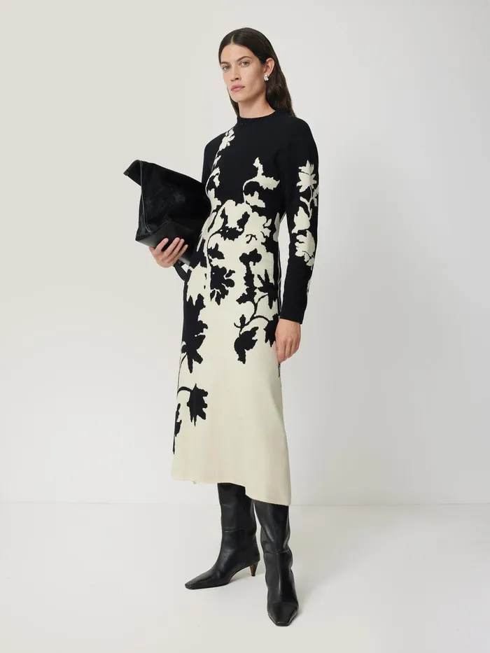 Women Floral Jacquard Knitted Dress Monochrome Jigsaw Party