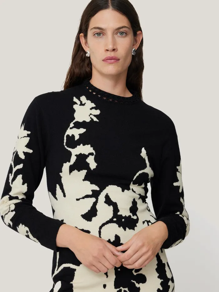 Women Floral Jacquard Knitted Dress Monochrome Jigsaw Party