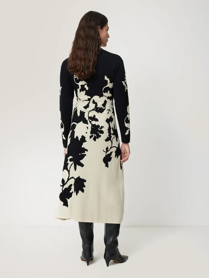 Women Floral Jacquard Knitted Dress Monochrome Jigsaw Party
