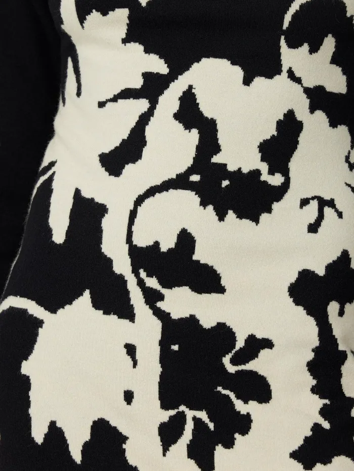 Women Floral Jacquard Knitted Dress Monochrome Jigsaw Party