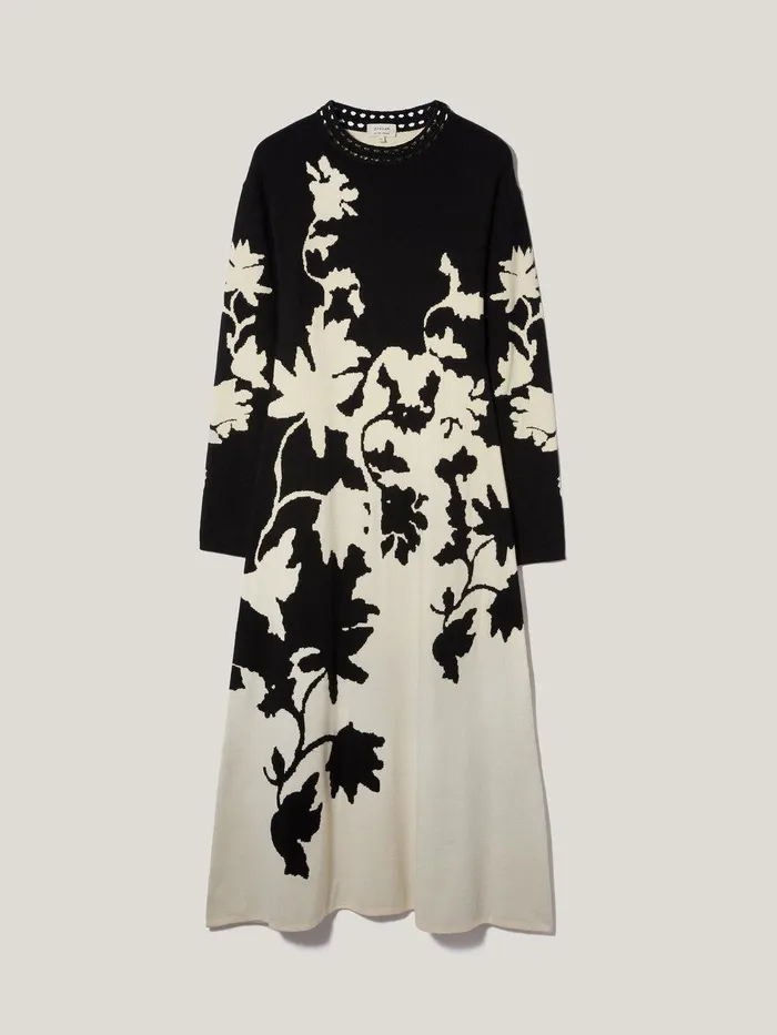 Women Floral Jacquard Knitted Dress Monochrome Jigsaw Party