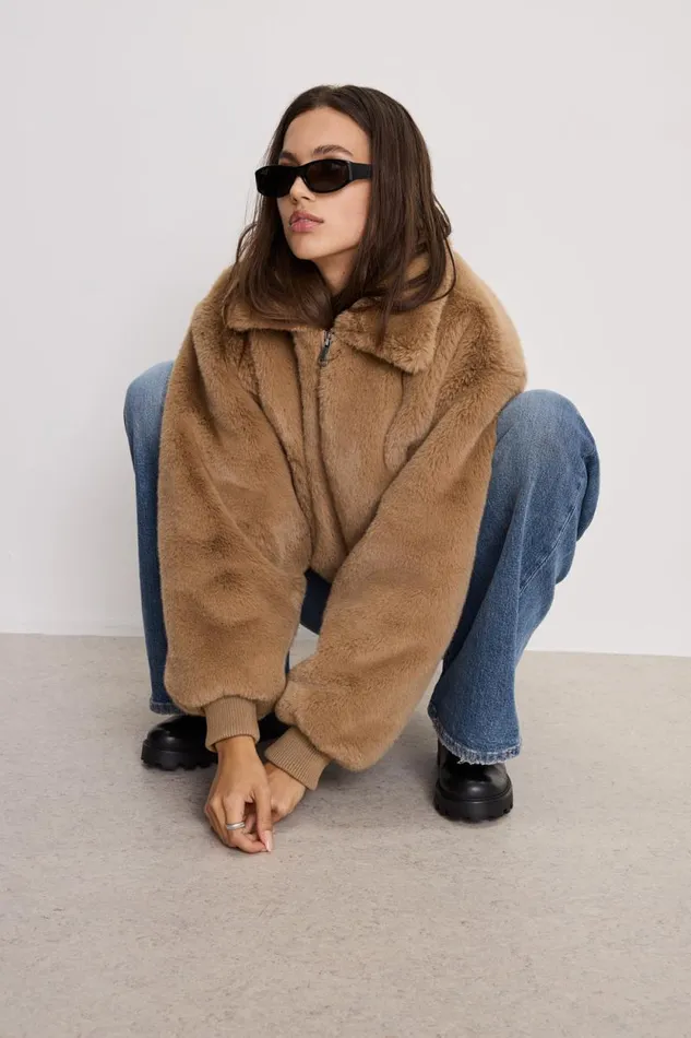Women GOOD AMERICAN Outerwear FAUX FUR COLLARJACKET Warm Caramel003
