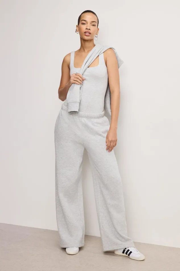 Women GOOD AMERICAN Pants BRUSHED FLEECE WIDE LEGSWEATPANTS Heather Grey001