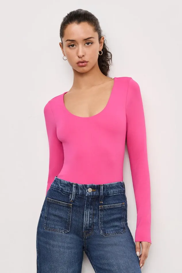 Women GOOD AMERICAN Tops SCUBA SCOOP NECKBODYSUIT Ballerina Pink004