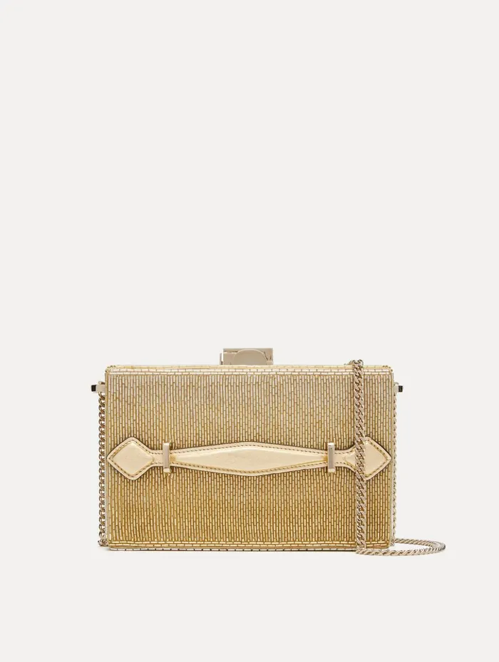 Women Handbags Oscar De La Renta Bugle Bead Embroidered Alibi Minaudiere Champagne