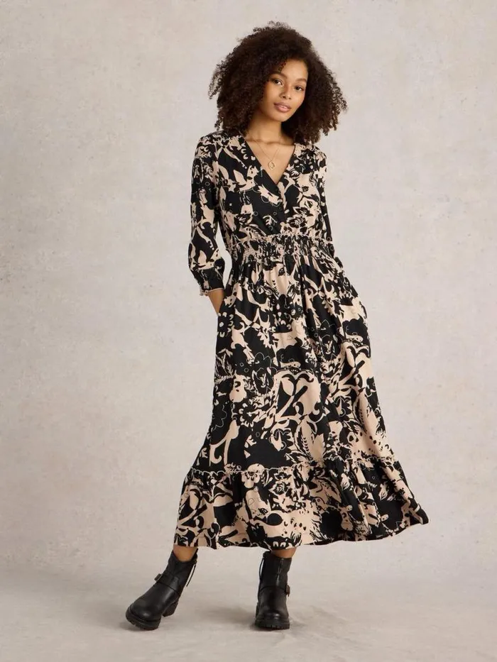 Women Jonie Shirred Jersey Midi Dress Black Print White Stuff Dresses