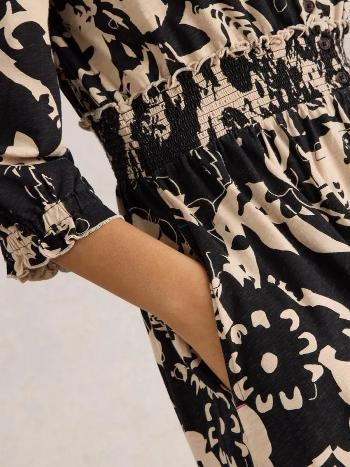 Women Jonie Shirred Jersey Midi Dress Black Print White Stuff Dresses