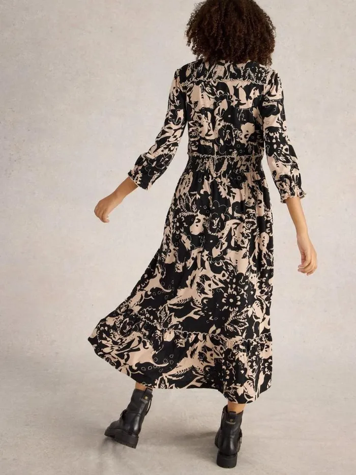 Women Jonie Shirred Jersey Midi Dress Black Print White Stuff Dresses
