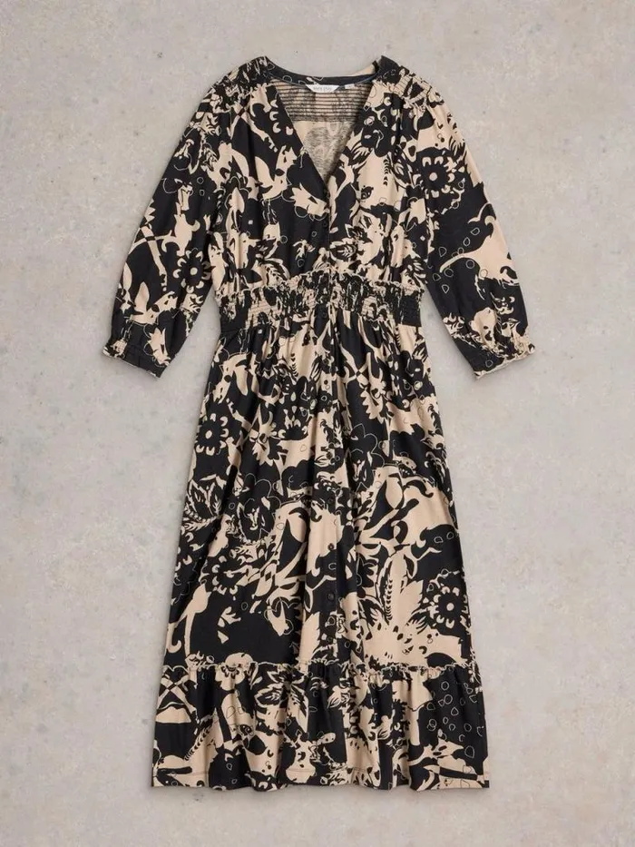 Women Jonie Shirred Jersey Midi Dress Black Print White Stuff Dresses