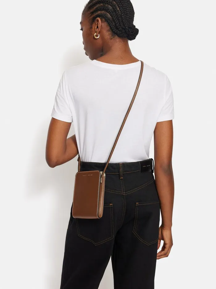 Women Leather Crossbody Phone Bag Tan Jigsaw Wallets and Card Holders