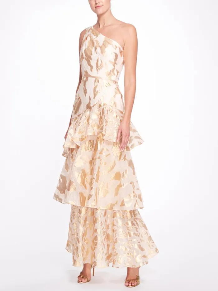 Women Marchesa Marchesa Notte One Shoulder Asymmetrical Tiered Gown Champagne