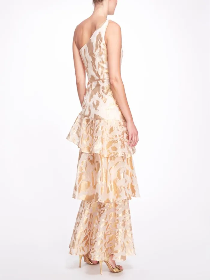 Women Marchesa Marchesa Notte One Shoulder Asymmetrical Tiered Gown Champagne