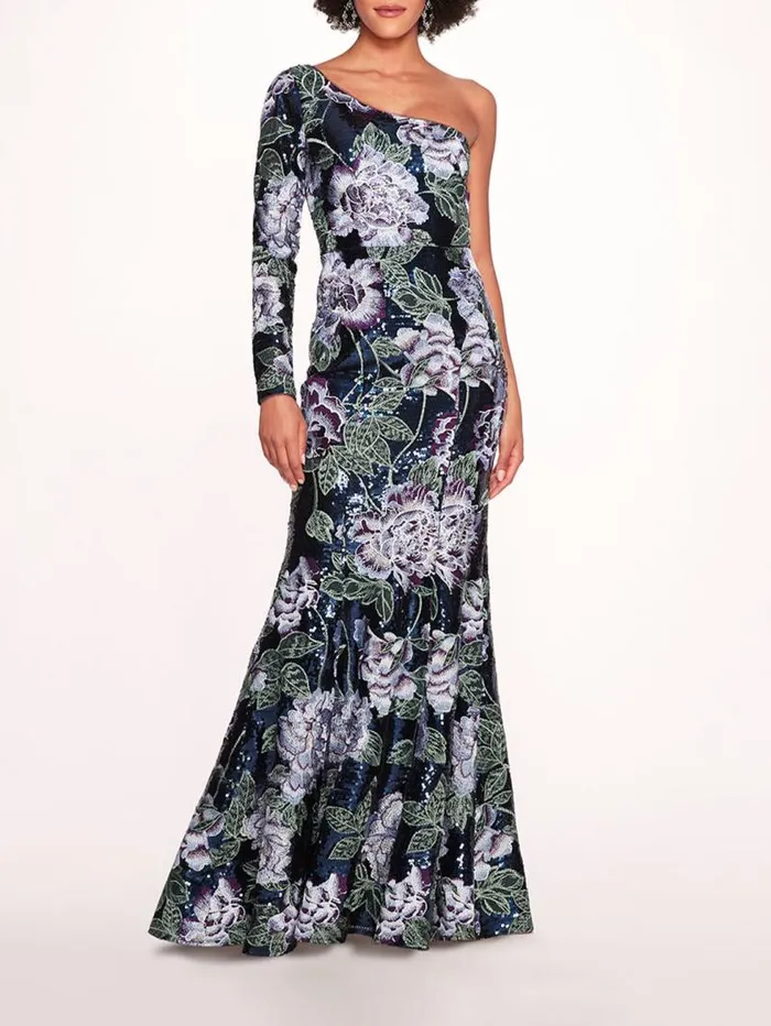 Women Marchesa Marchesa Notte One Shoulder Sequin Gown Navy