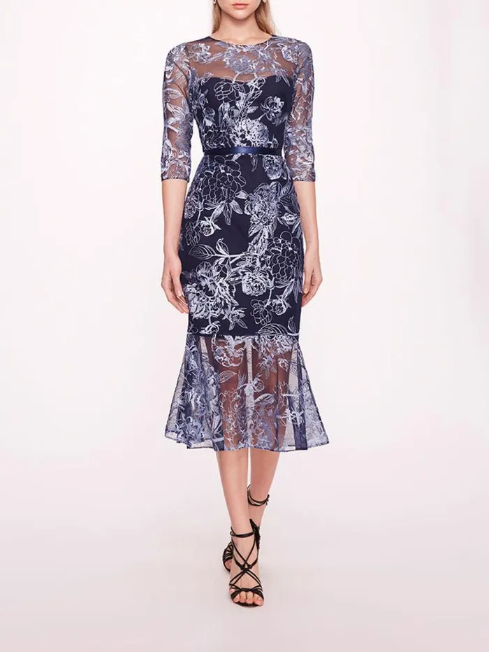 Women Marchesa Marchesa Notte Peonies Pencil Dress Navy Silver