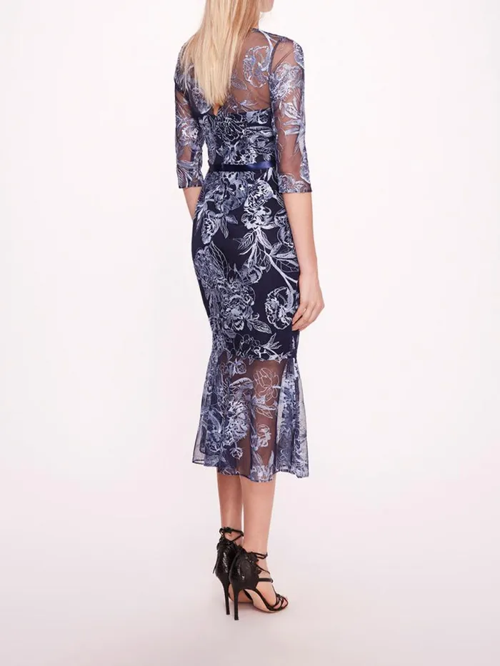 Women Marchesa Marchesa Notte Peonies Pencil Dress Navy Silver