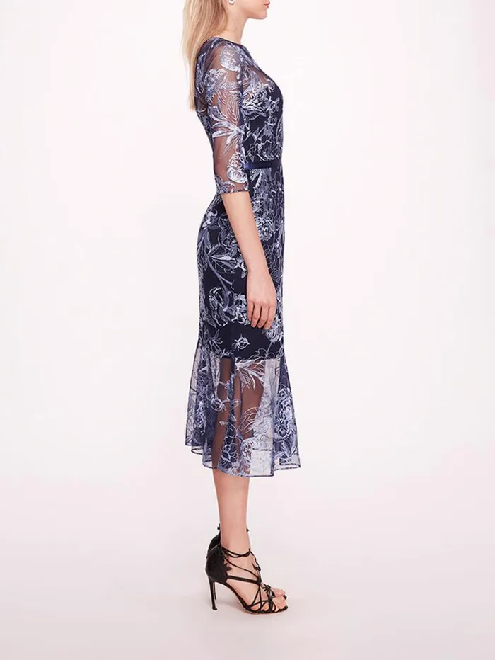 Women Marchesa Marchesa Notte Peonies Pencil Dress Navy Silver
