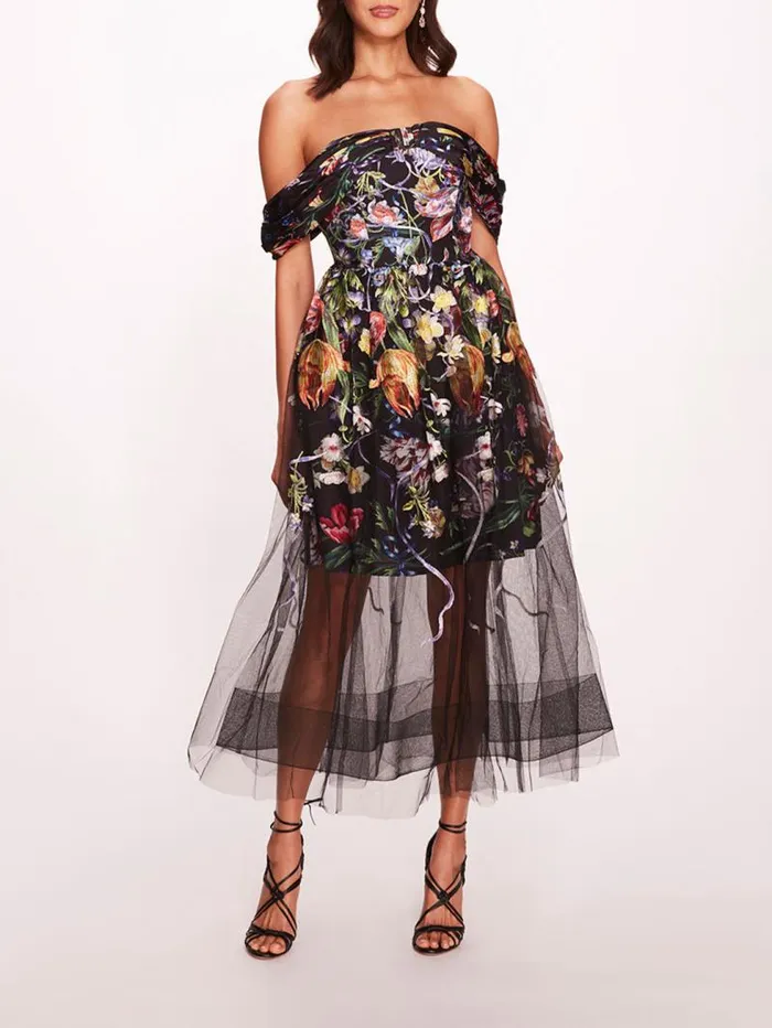 Women Marchesa Marchesa Notte Ribbons Midi Dress Black Multi