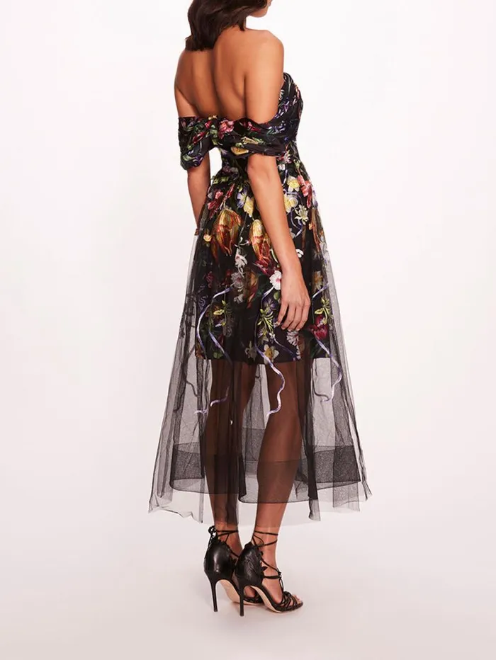 Women Marchesa Marchesa Notte Ribbons Midi Dress Black Multi