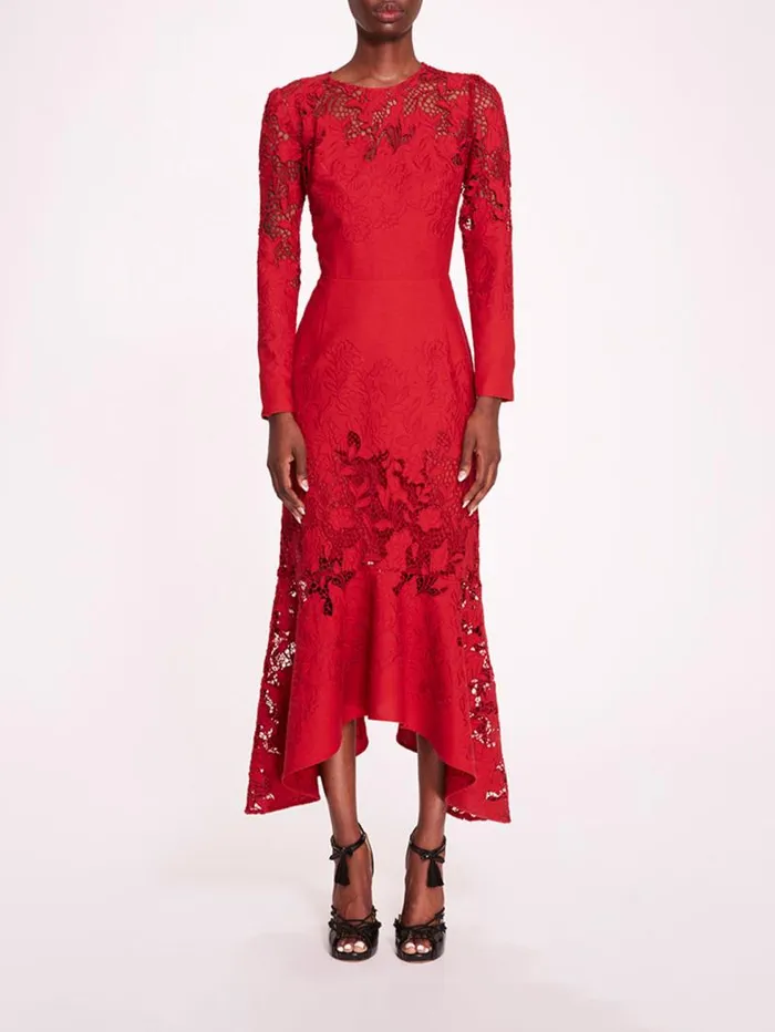 Women Marchesa Marchesa Rosa Linen Lace Maxi Dress Red
