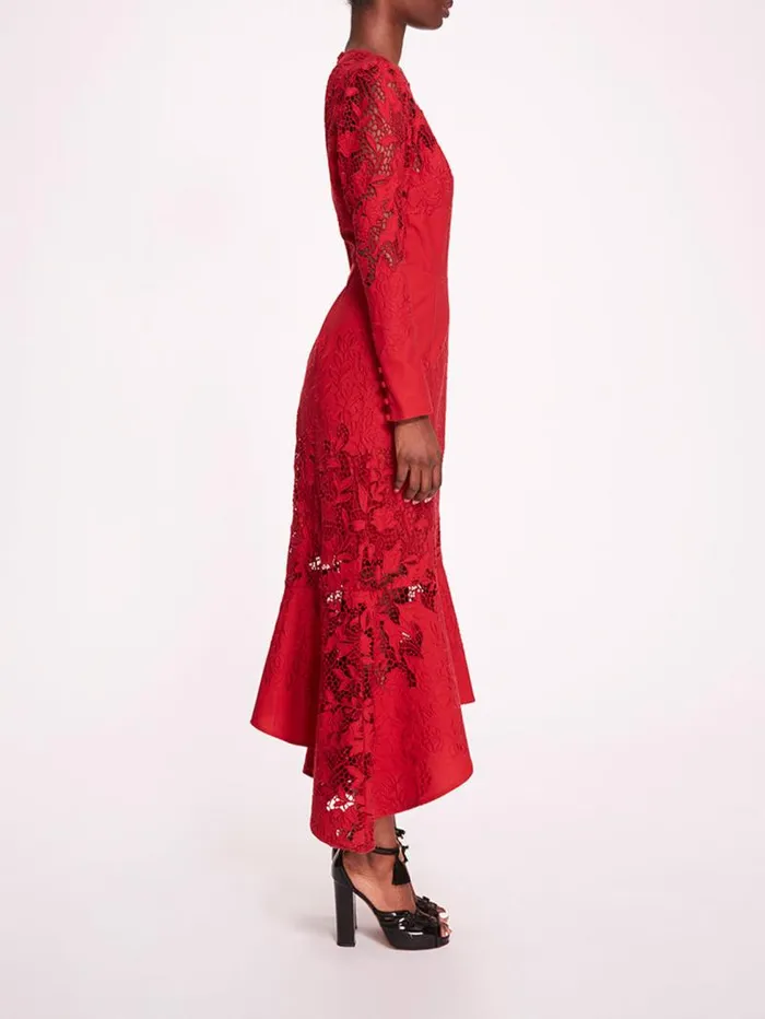 Women Marchesa Marchesa Rosa Linen Lace Maxi Dress Red