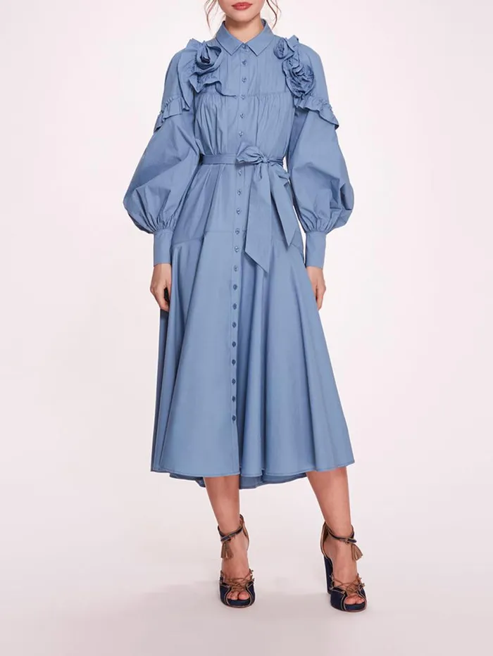 Women Marchesa Marchesa Rosa Rosette Ruffle Midi Dress Denim Blue