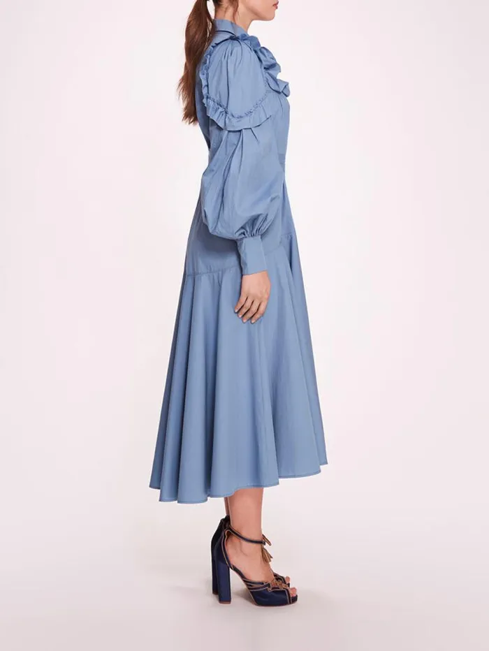 Women Marchesa Marchesa Rosa Rosette Ruffle Midi Dress Denim Blue