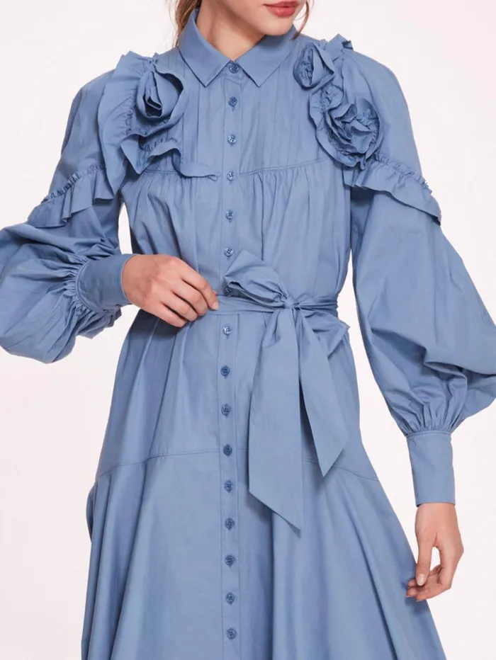Women Marchesa Marchesa Rosa Rosette Ruffle Midi Dress Denim Blue